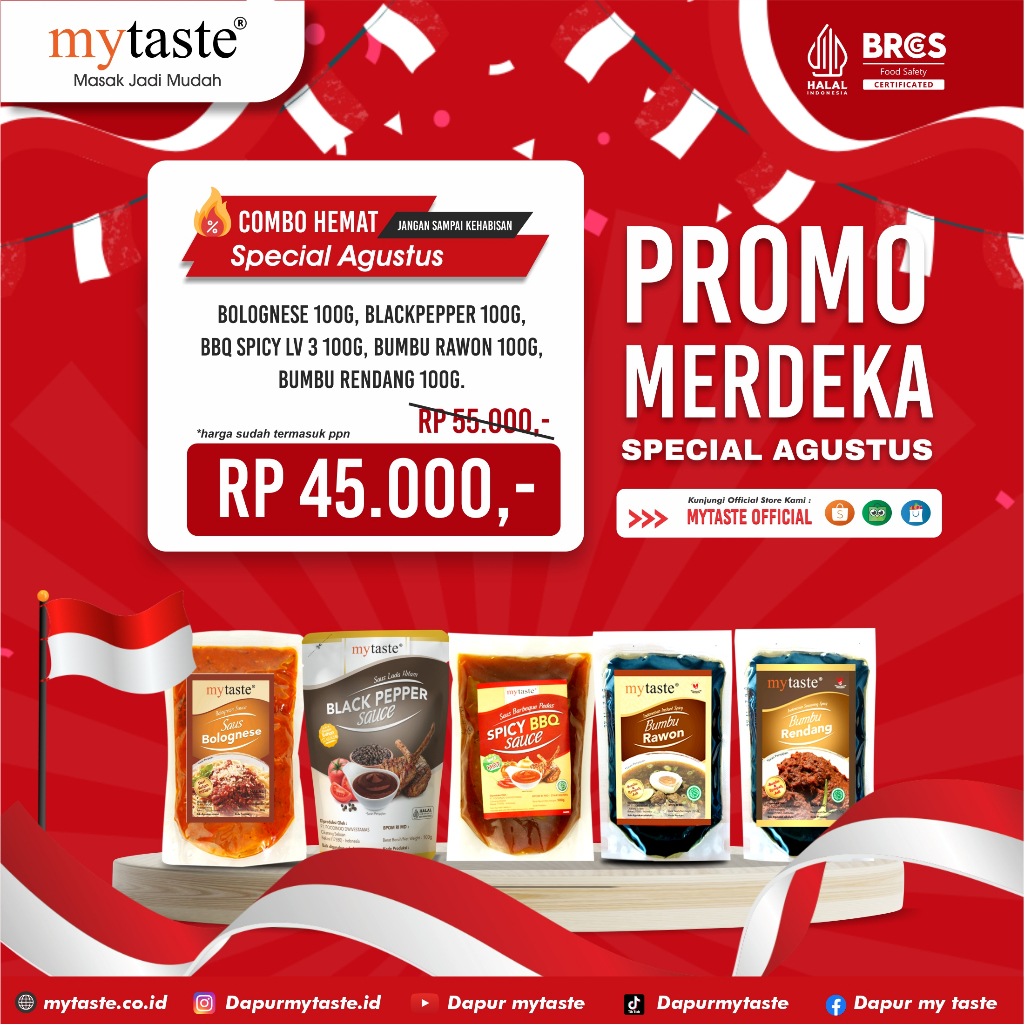 

KOMBO HEMAT MYTASTE BOLOGNESE 100 GRAM, BLACKPEPPER 100 GRAM, BARBEQUE SPICY 100 GRAM, RAWON 100 GRAM, RENDANG 100 GRAM