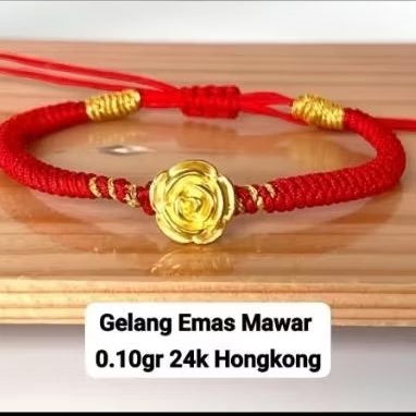 Gelang Tali Hoki Emas Asli Charm Mawar 24HK