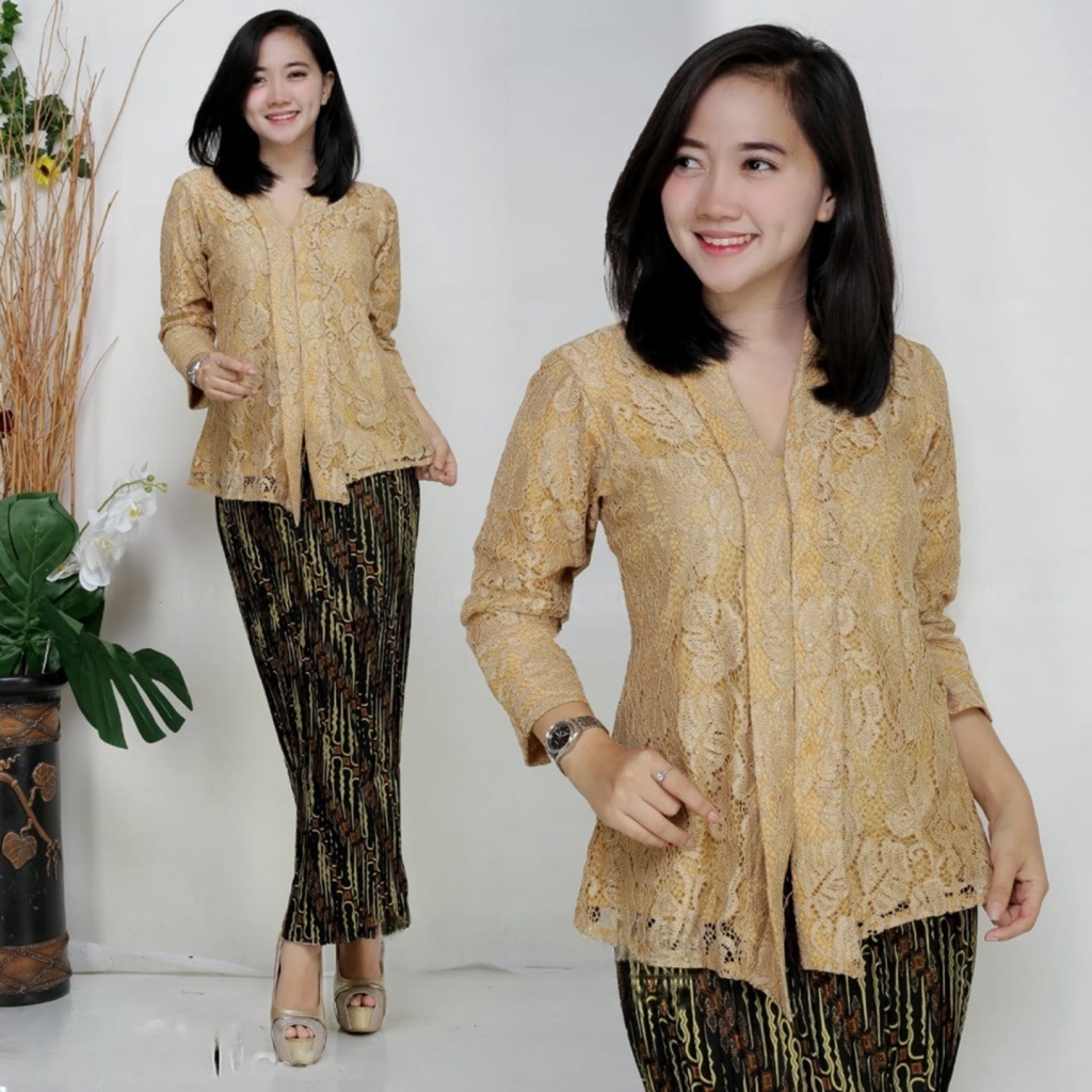 Kebaya Floy Brokat Wanita Warna Cream/Setelan Kebaya Bahan Brokat Aneka Pilihan Warna