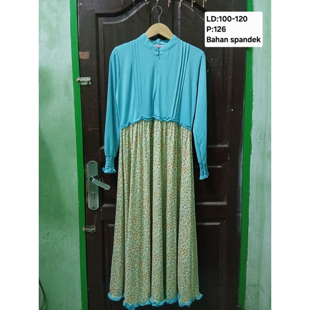 (COD)One set dress hijab gamis muslim busui wanita warna biru hijau motif bunga-bunga