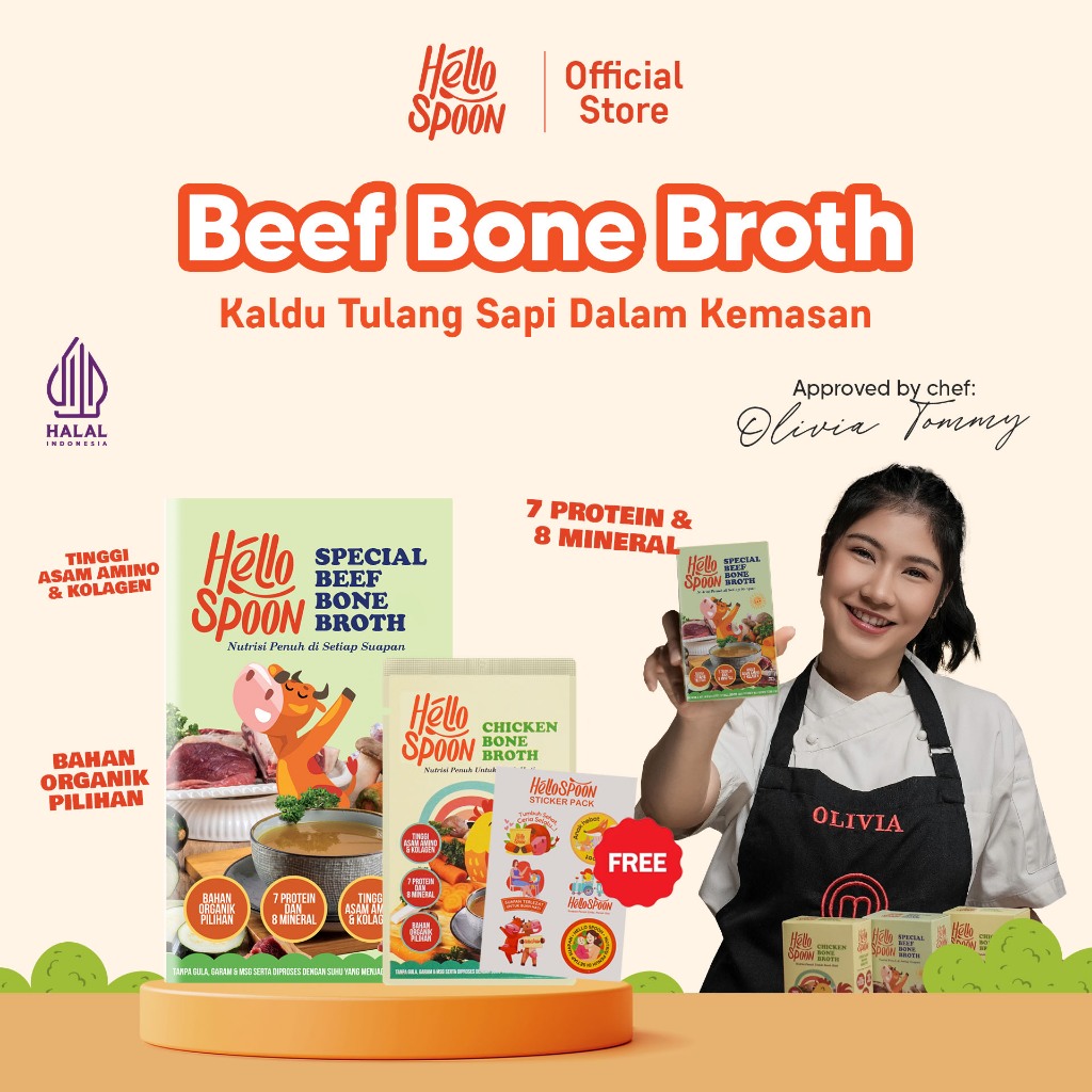 

[BUY 1 GET 3] Hello Spoon - Beef Bone Broth FREE 1 Sachet Chicken + Sticker - 600ml - IMMUNE BOOSTER / VITAMIN ANAK , Kaldu Tulang Sapi, Alami 100% Non MSG