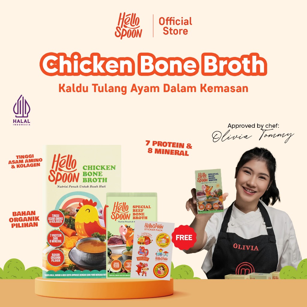 

[BUY 1 GET 3] Hello Spoon - Chicken Bone Broth FREE 1 Sachet Beef + Sticker - 600ml - IMMUNE BOOSTER / VITAMIN ANAK , Kaldu Ceker Ayam, Alami 100% Non MSG