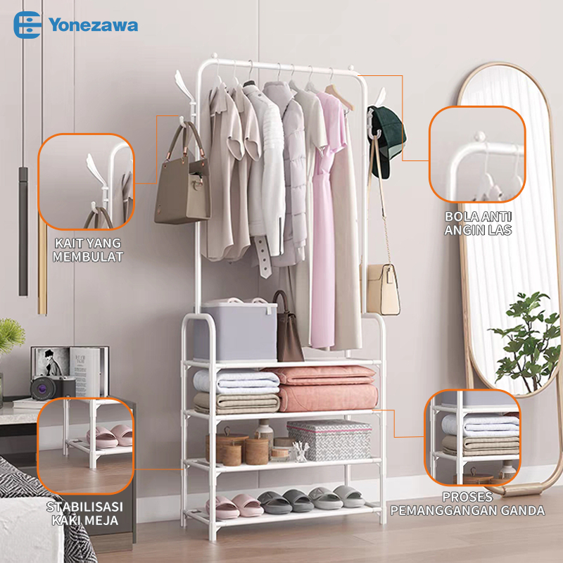 YONEZAWA Rak Gantung Baju Stand Hanger Serbaguna Rak Jemuran  Pakaian Portable  Rak Sepatu 3 Susun  