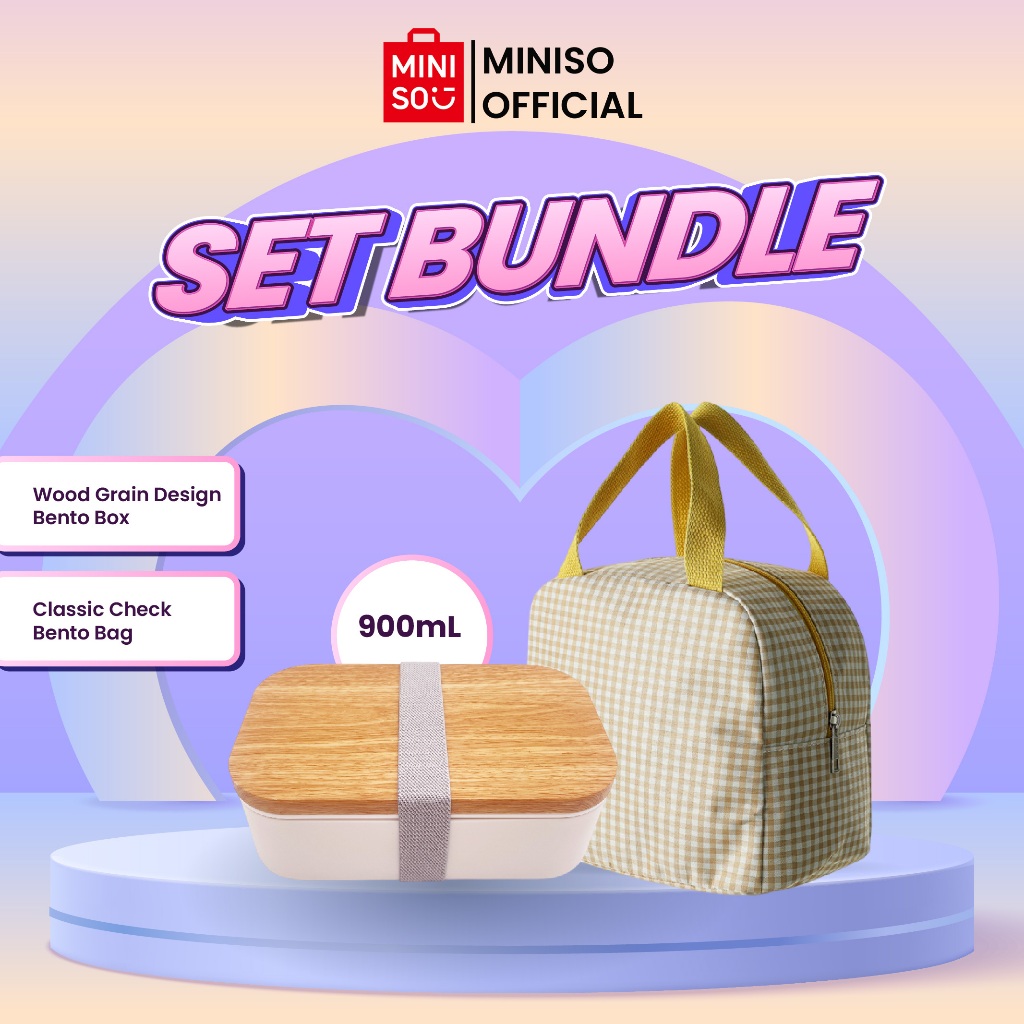 [BUNDLE KOTAK MAKAN] MINISO Kotak Makan 900ml Wood Design + Tas Bekal Motif Kotak Classic
