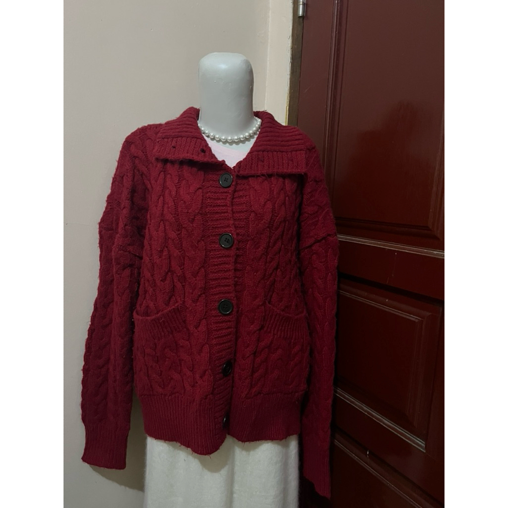 cardigan tebal knit kepang cable red merah tua maroon premium (preloved)