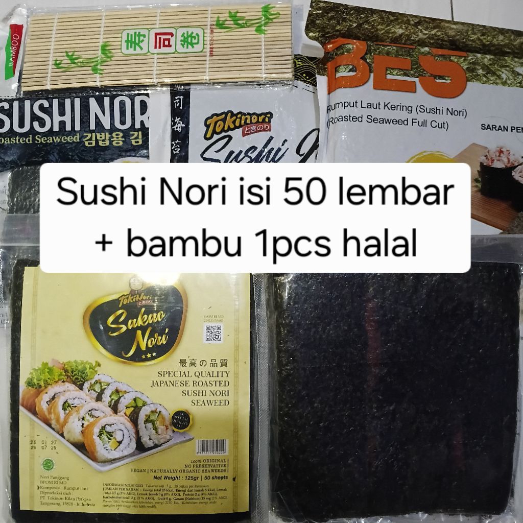 

{PROMO SALE} Sushi Nori isi 50 lembar+bambu 1pcs bahan sushi kulit kimbap gimbap sushi bento rumput laut kering seaweed halal mui dan bpom harga terjangkau promo sale terlaris