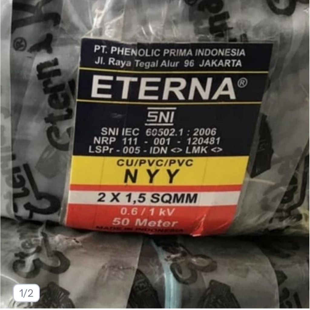 Kabel Listrik Kawat Tembaga Hitam Kabel Outdoor ETERNA NYY 2X1,5 Harga 1 Meter