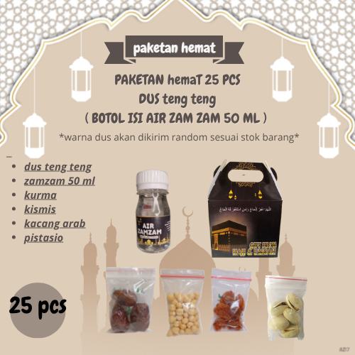 

paketan hemat pistasio dus teng teng untuk oleh oleh haji dan umroh 25 pcs ( botol isi air zam zam 50 ml )