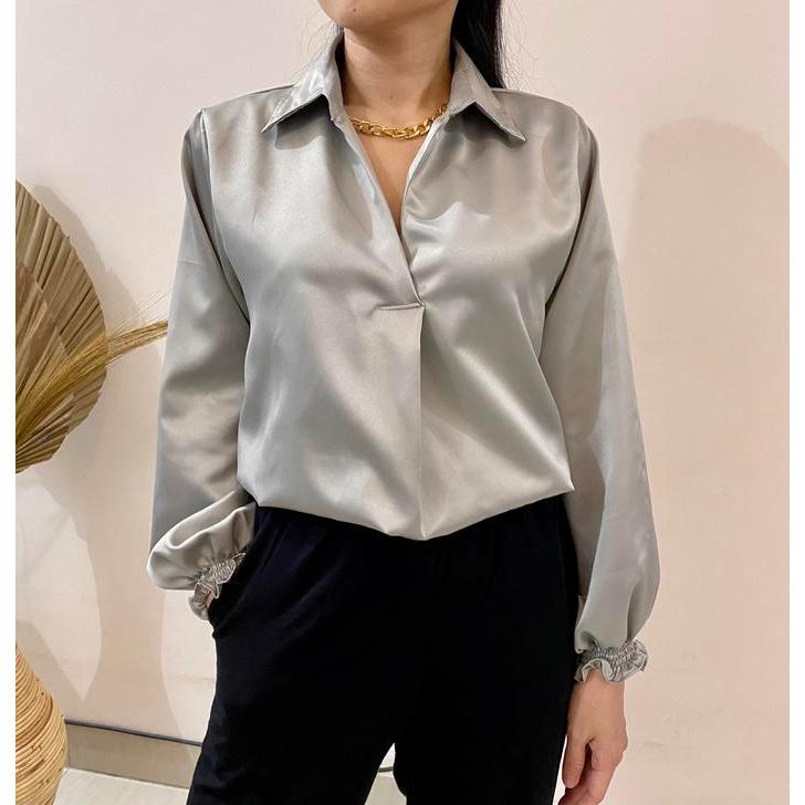 Hanolshop Kemeja Satin Premium Wanita Baju Atasan Terbaru - Baju Kemeja Satin Biru Langit