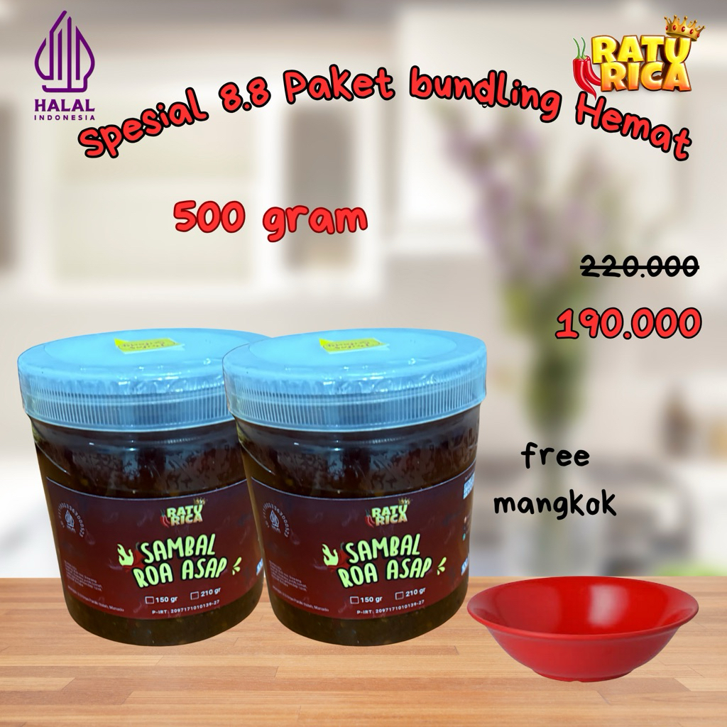 

ratu rica spesial 8.8 paket bundling hemat sambal roa asap kemasan 500 gr