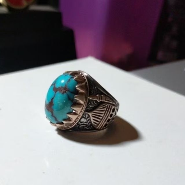Cincin Batu Pirus Mesir Ring Perak Ukir Gambar Kubah Masjid