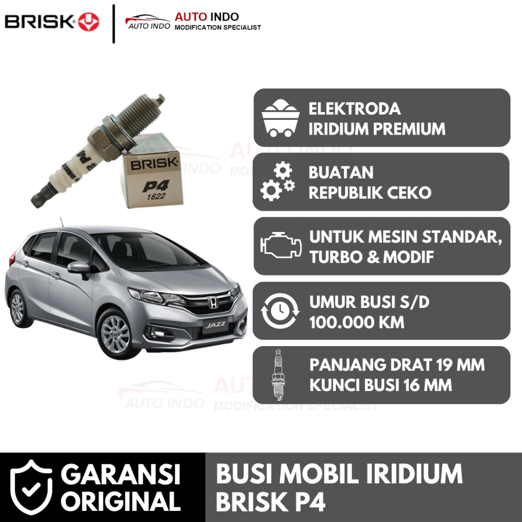 Busi Mobil Brisk Premium Iridium P4 untuk Honda Jazz GE8 GK5 | Garansi Ori | Kunci Busi 16 mm
