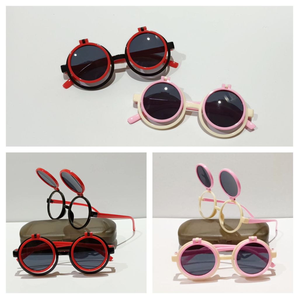 Kacamata anak gaya fashion retro 2 in 1 steampunk hitam buka tutup clip flip up on model bulat boboh