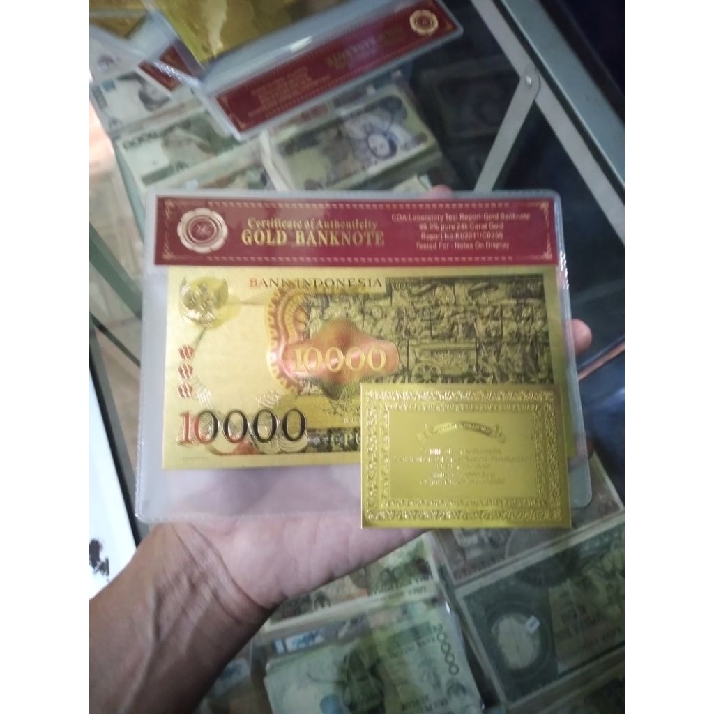 uang gold foil 10000 barong 1975 plus folder dan sertificate