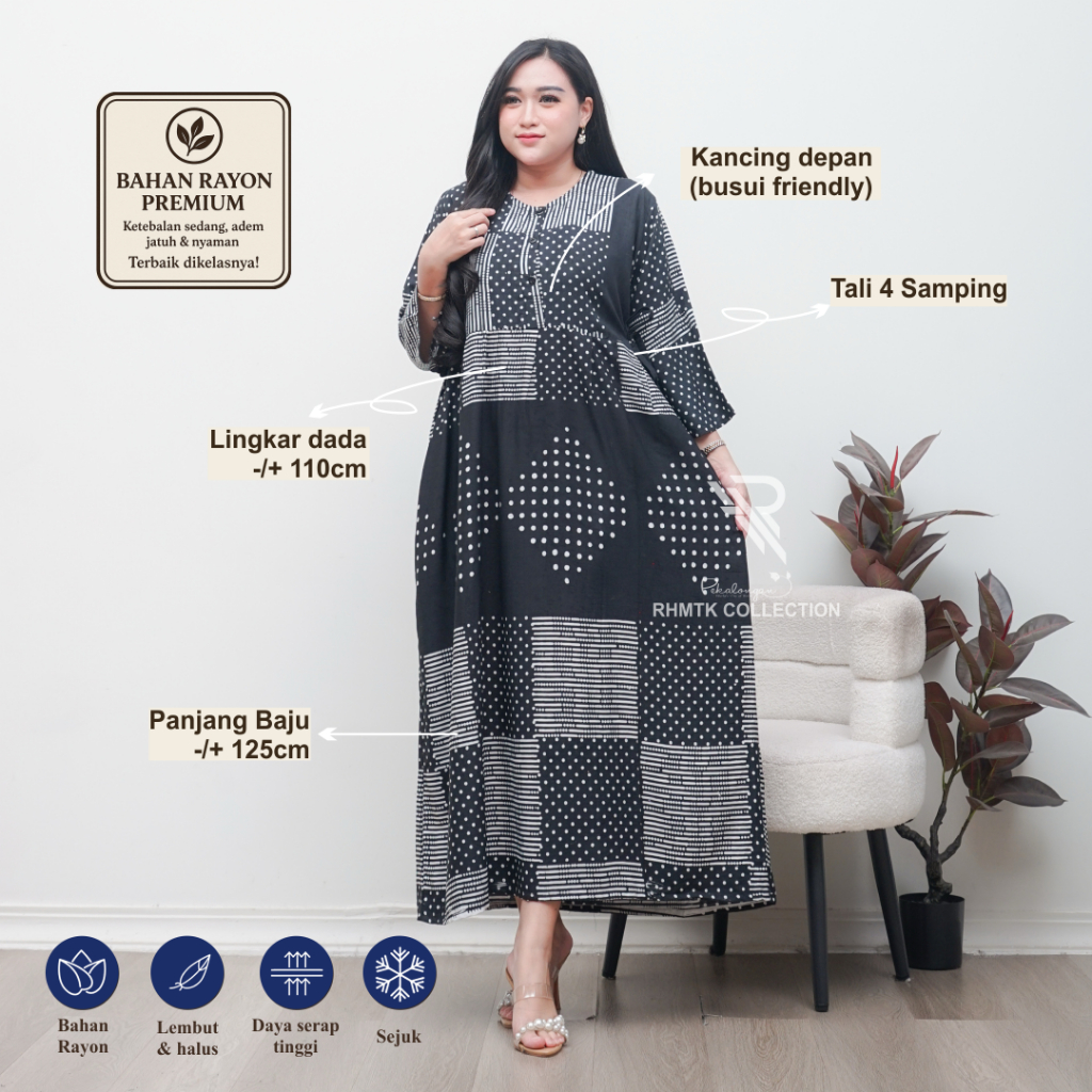 Daster Rayon Terbaru Wanita Lengan Panjang Kancing Depan Busui Friendly Tali Samping Muslimah