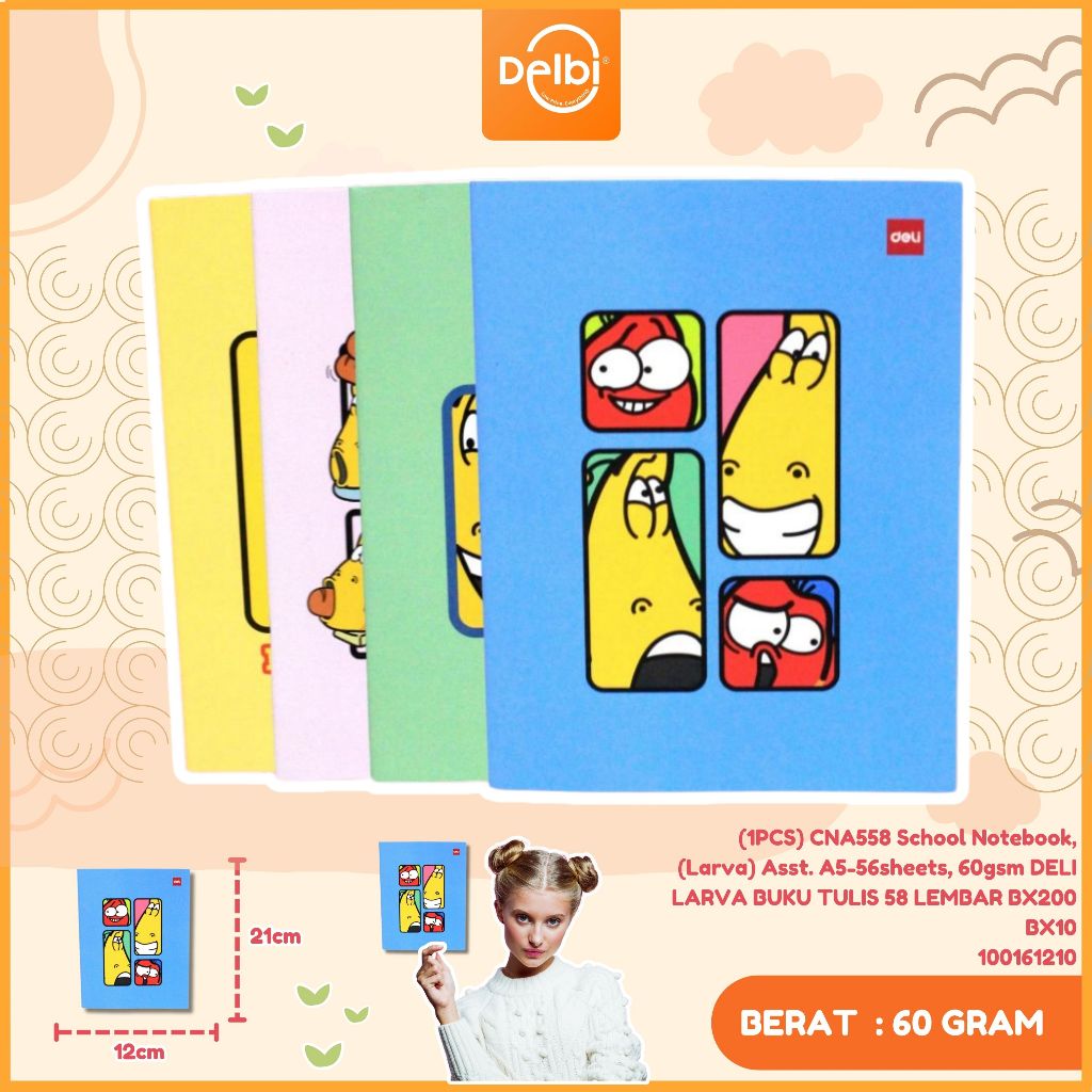 

Deli Writing Book / Notebook / Buku Tulis Sekolah A5/B5 38/42/58 Lembar CNA538 CNA558 CNB542 (1PCS) CNA558 SCHOOL NOTEBOOK (LARVA) ASST. A5-56 SHEETS, 60 GSM