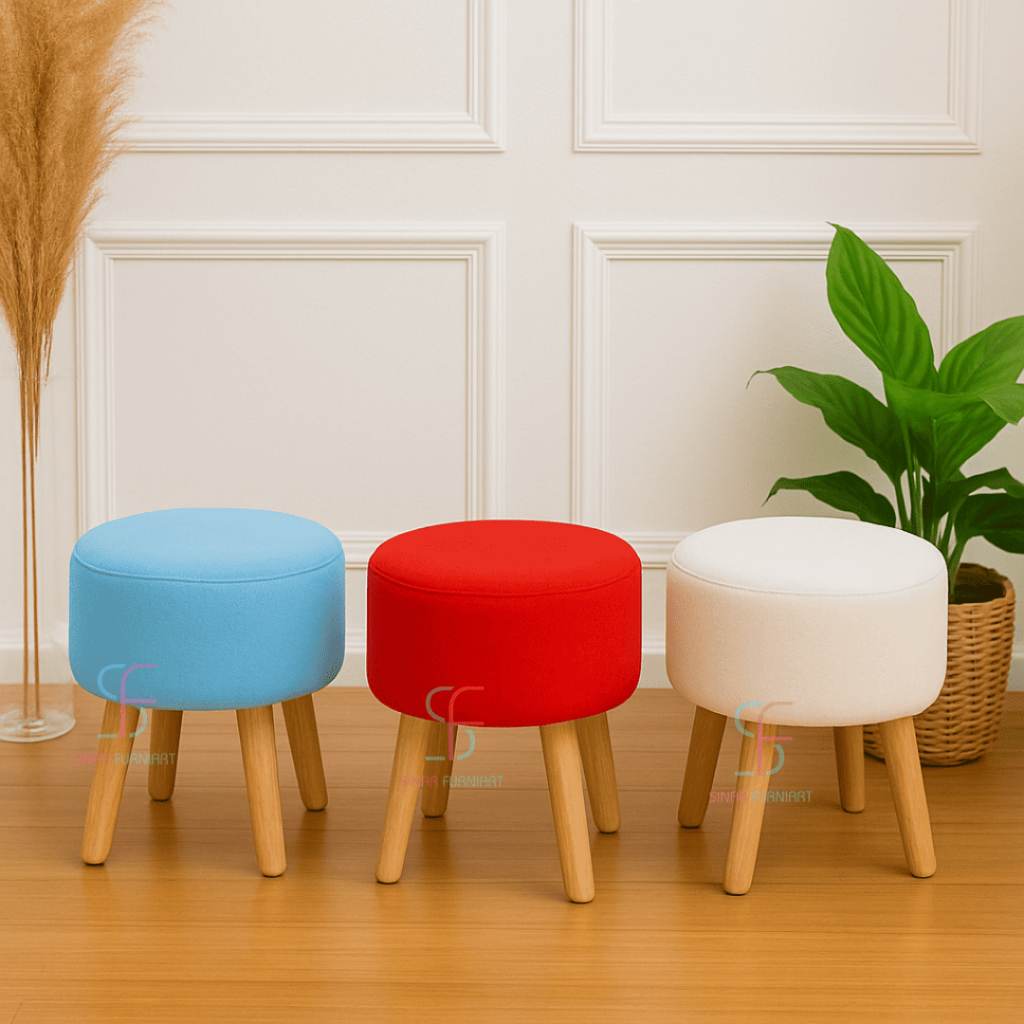 Stool Bulat Minimalis Modern – Bangku Sofa Kecil Jok Empuk Kaki Kayu