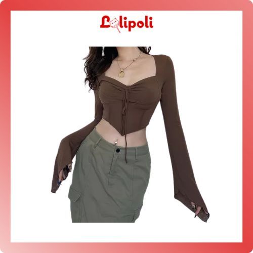 Lolipoli Baju Atasan Sexy Square Neck Asymetric Long Sleeve Crop Top Korea Lengan Panjang BJ1555