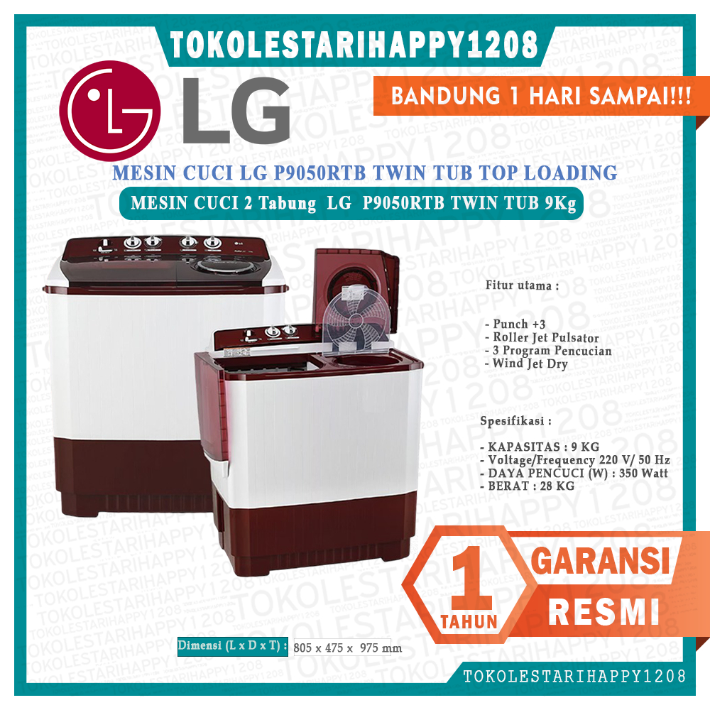 Mesin Cuci 2 Tabung LG 9 Kg P9050R Murah Garansi Resmi