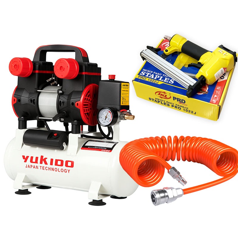 

PAKET KOMPRESOR STAPLES JOK MOTOR YUKIDO STAPLES TIPE U SELANG RECOIL 9 METER YUKIDO