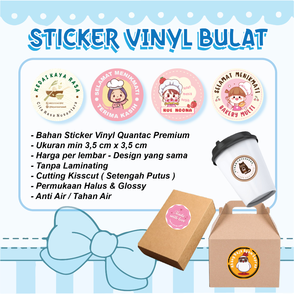 

Cetak Stiker Vinyl Anti Air Waterproof A3+ Kisscut Label Makanan Online Shop Vynil Vinil Bulat