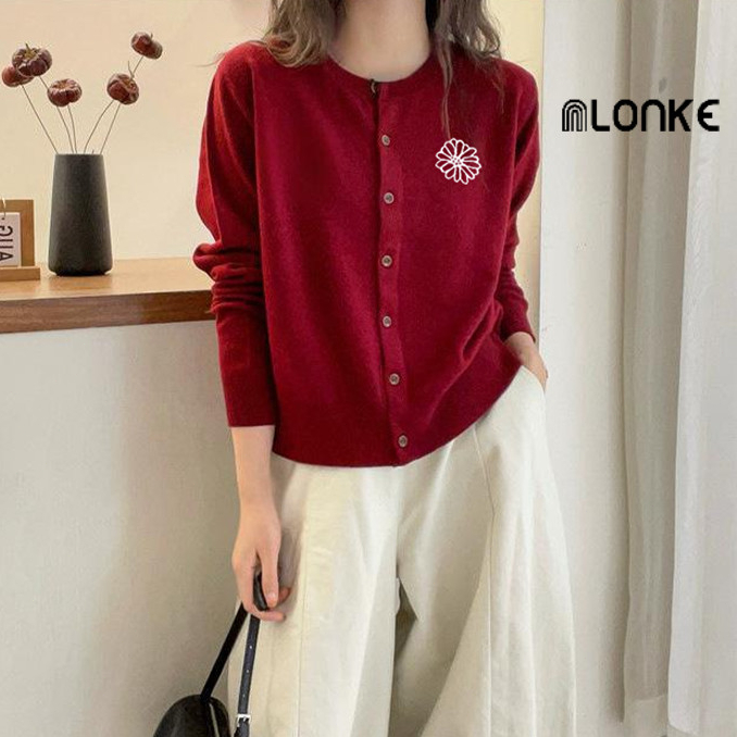 NLONKE - Bordir Bunga Lengan Panjang Rajutan Cardigan Jaket Pendek Sweater Wanita Trendi