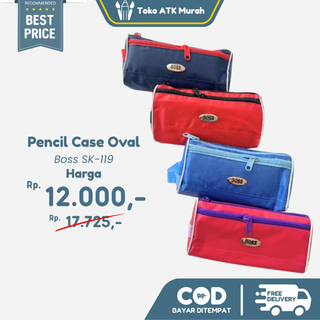 

Pencil Case / Tempat Kotak Pensil / Alat Tulis Kain Resleting Boss Polos Oval