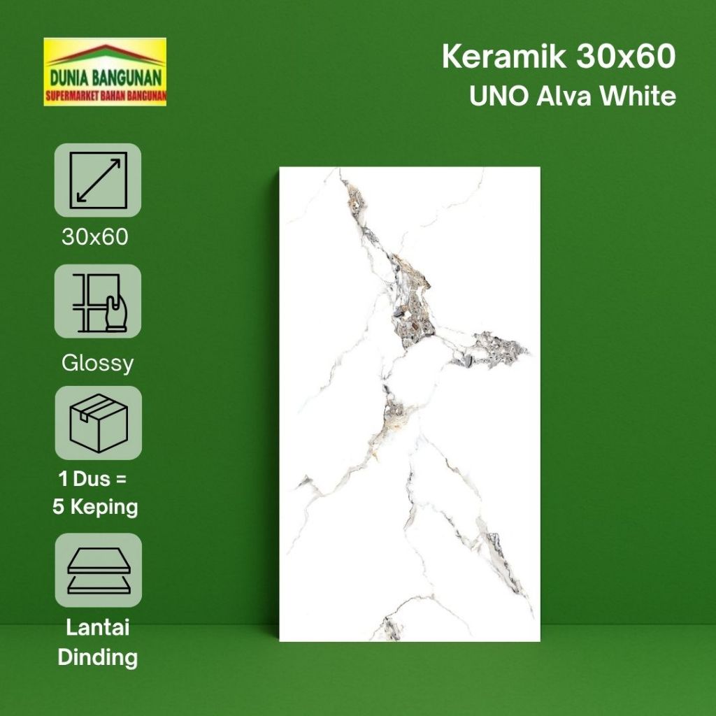 Keramik Dinding Carara Putih Corak Abu UNO 30x60 Alva White Keramik Glossy
