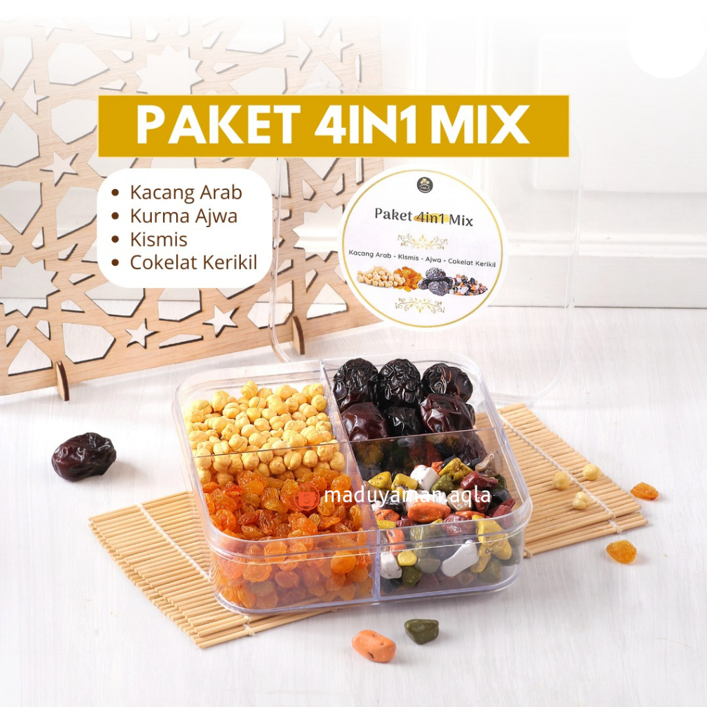 

Paket 4 In 1 Mix (Kurma Ajwa Madinah, Coklat Kerikil Turki, Kacang Arab, Kismis Emas) Paket Hemat Kacang Humus Chickpea Chichpeas Kismis Golden Makanan Ringan Camilan Sehat