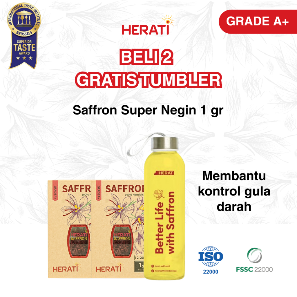

GRATIS Tumbler Paket Bundling Isi 2 Herati Saffron Afghanistan Super Negin 1 gr Bunga Safron Grade A+ Premium Original