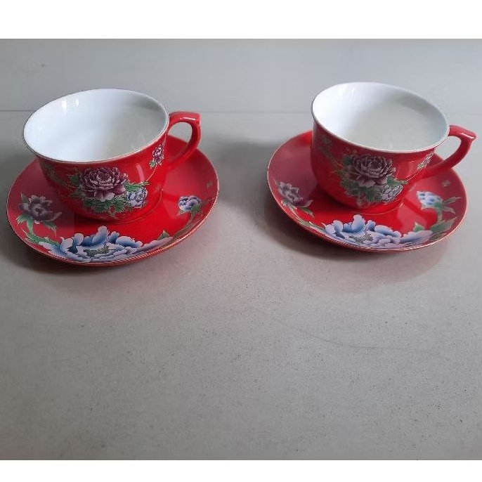 #cangkir #lepek #gelas bunga merah china keramik lama #vintage