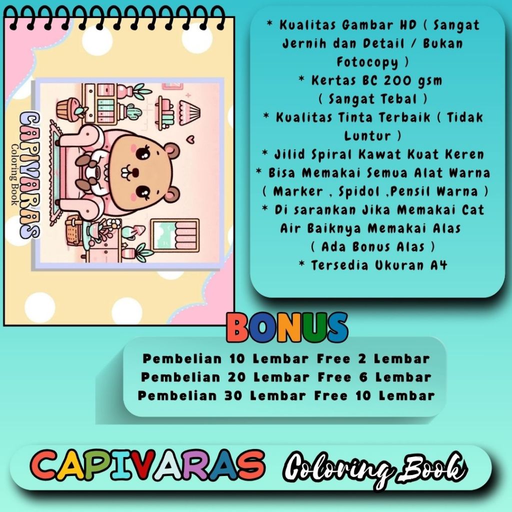 

Capivaras Cavibara Tema Buku Mewarnai Coloring Book Keren Gambar HD Bagus Jernis Kertas Premium 200 gsm Tebal