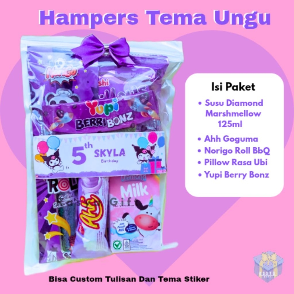 

Snack ulang tahun Ungu/ Hampers Tema Ungu/ Hampers Agustusan/ Bisa Instan