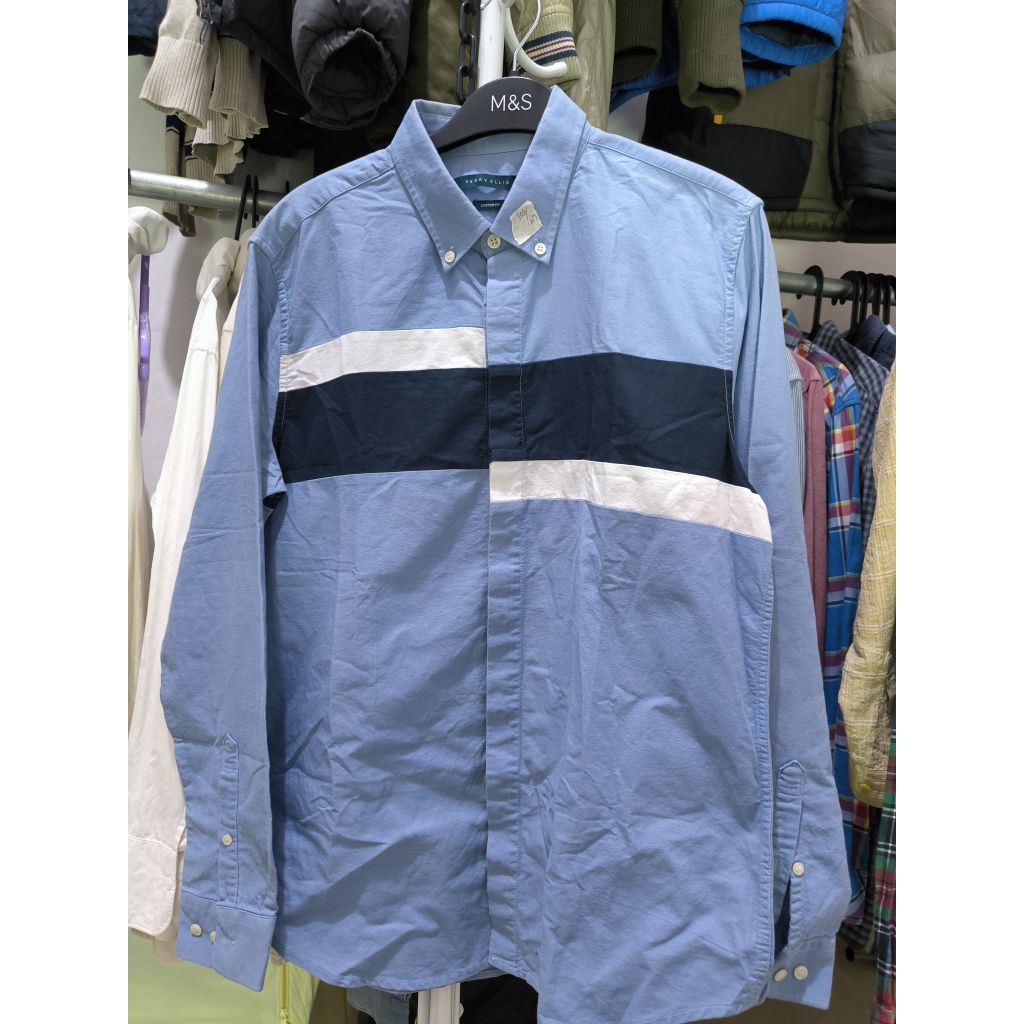 Kemeja Perry Ellis Custom Fit – Biru Garis Putih Navy