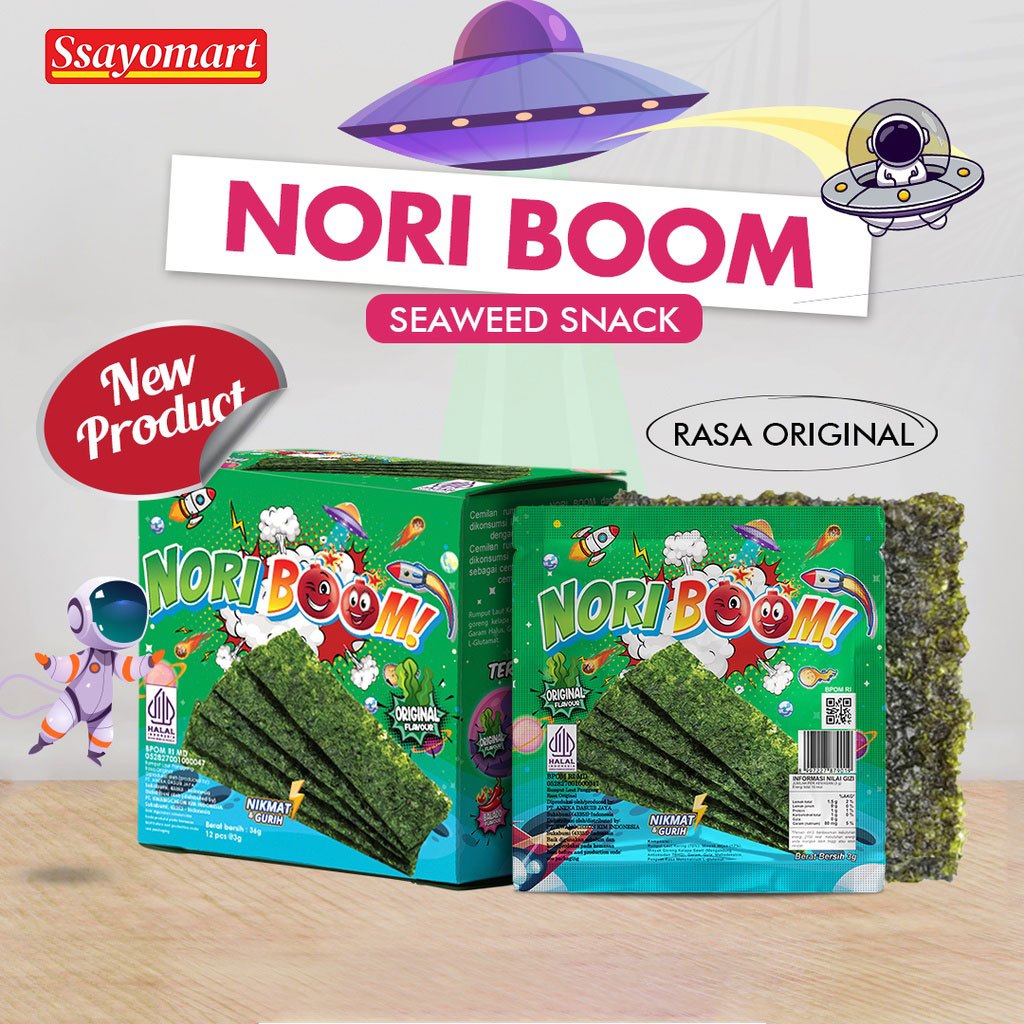 

NoriBoom (1 BOX ISI 12 PCS) / Nori Sachet Seaweed Snack 3g Rumput Laut Halal