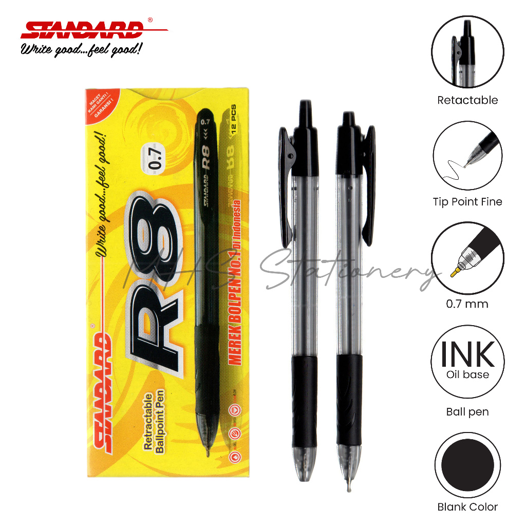 

STANDARD R8 0.7 mm Bolpoin Pulpen Ballpoint Semi Gel Pen Pena 1 Box 12 Pcs Retractable Klik