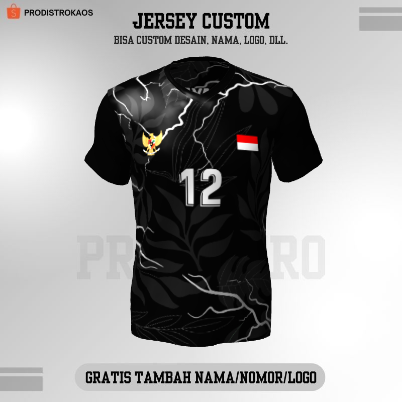 Kaos Jersey Olahraga Badminton Pingpong Lari Volly dll - Jersey Volly Hitam Motif Daun Petir 140