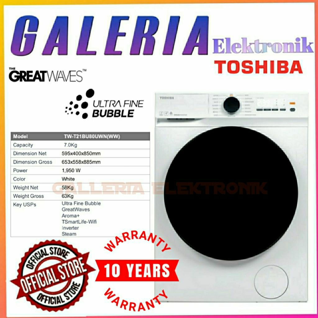 Mesin Cuci Front Loading Toshiba - TW-T21BU80UWN(WW) / TWT21BU80UWN(WW) / TW T21BU80UWN WW - TW-T21B