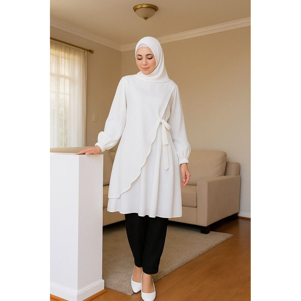 Tunik Muslimah Putih Elegan Lengan Panjang Model Asimetris tren 2025