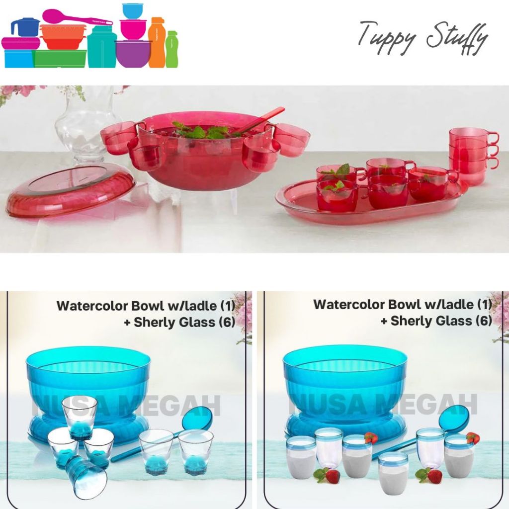 Tupperware Watercolor Bowl + Watercolor Cup + Tray | Watercolor Set WTC | Tempat Es Buah Cantik