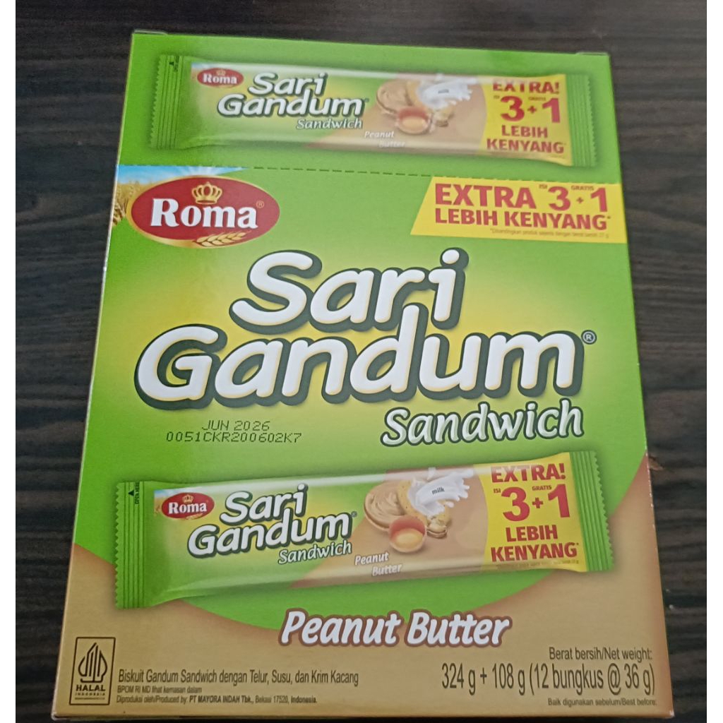 

Roma Sari Gandum Sandwich Peanut Butter 324g 1 Box Isi 12 Sachet