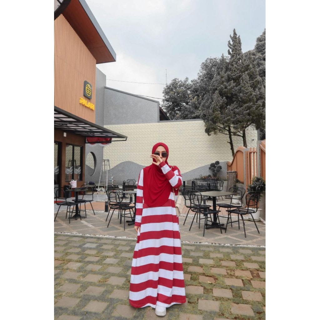 Zafeetri Gamis Stripe Cotton Series RedcerryWhite