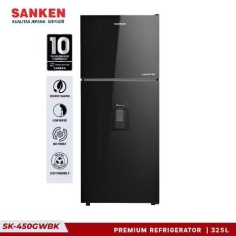 Kulkas Sanken 2 Pintu Inverter SK-450GWBK Lemari Es Inverter Tempered Glass With Dispenser