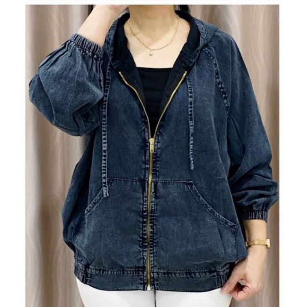 Jaket jeans wanita hoodie sleting Zipper wanita Korea Kekinian