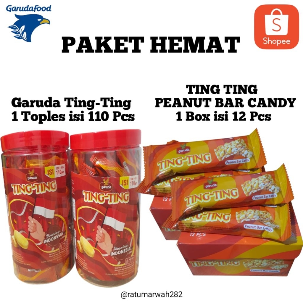 

PAKET HEMAT Garuda Ting Ting Toples Isi 110 Pcs & Ting Ting Peanut Bar Candy 1 box Isi 12 Pcs