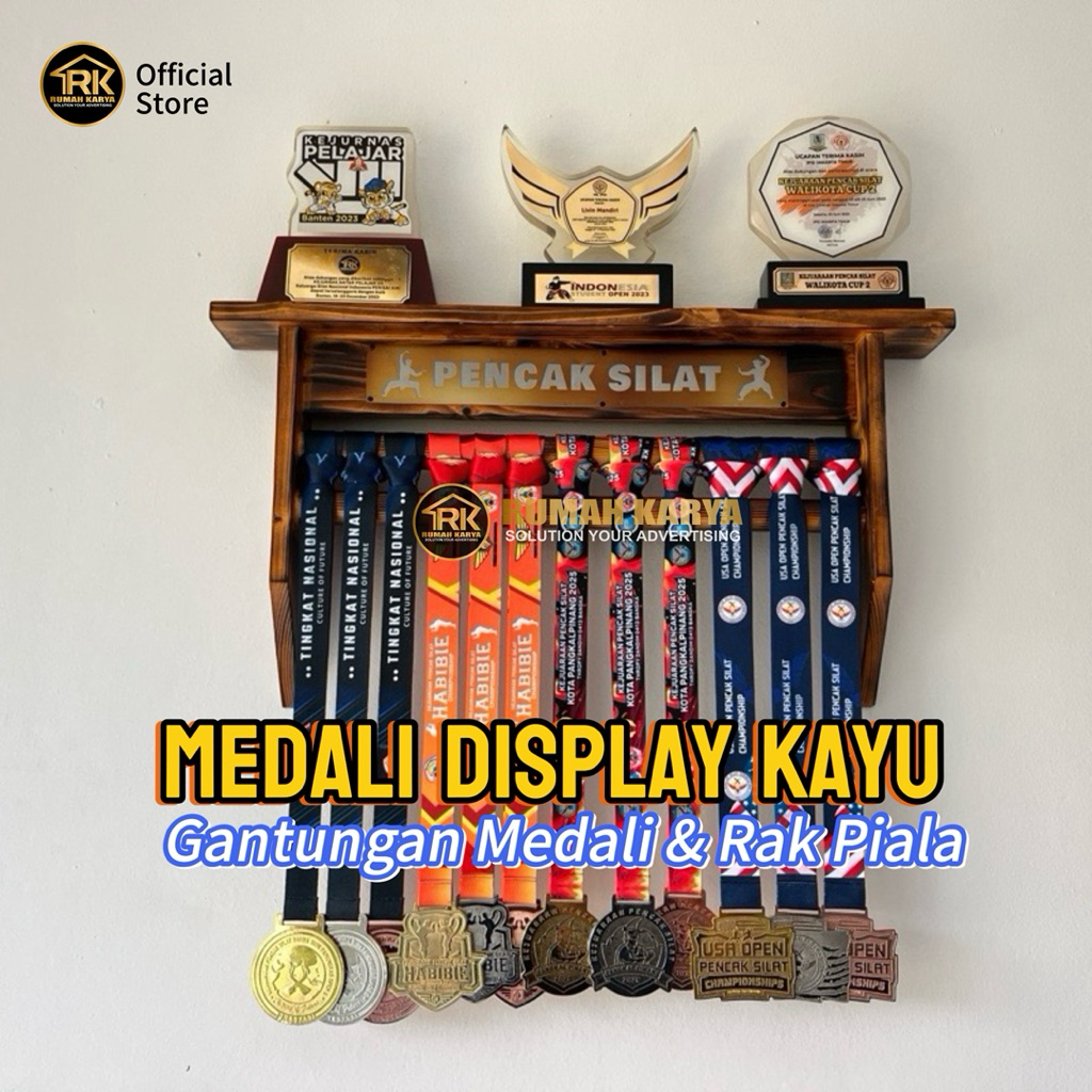 Gantungan Medali & Rak piala Olah Raga - Display kayu jati Custom nama stainless