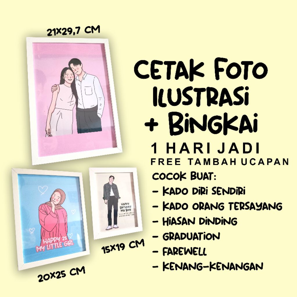 Cetak Foto Ilustrasi Custom + Bingkai | Print Gambar Digital 1 Hari Jadi Free Ucapan | Kado Wisuda, 