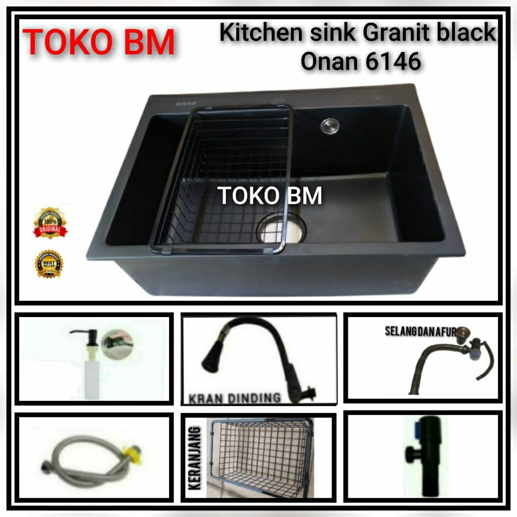 paket kitchen sink ONAN GRANITE 6146 Hitam/set kitchen sink granite black onan 6146