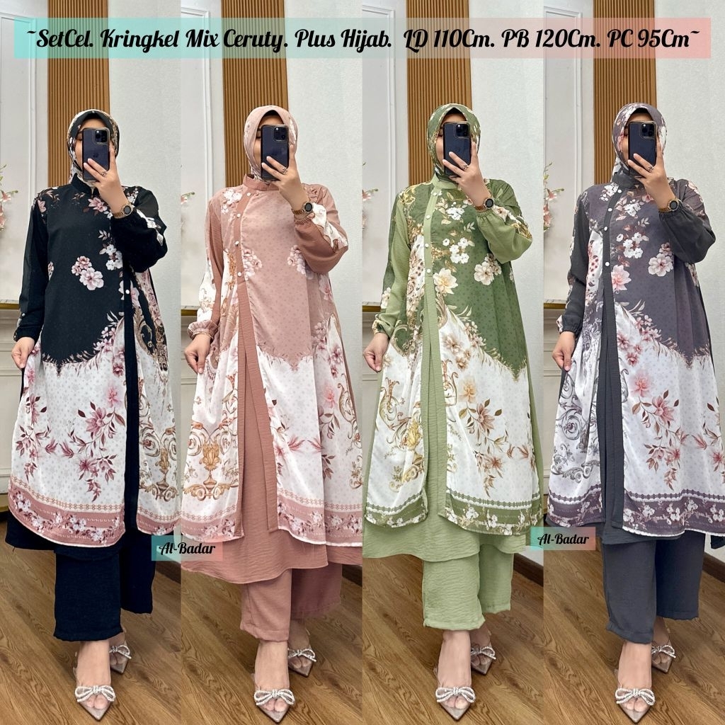 Setelan Long Tunik Set Hijab Bahan Ceruty Mix Kringkel Ld 110 Cm Pb 120 Cm Pc 95 Cm