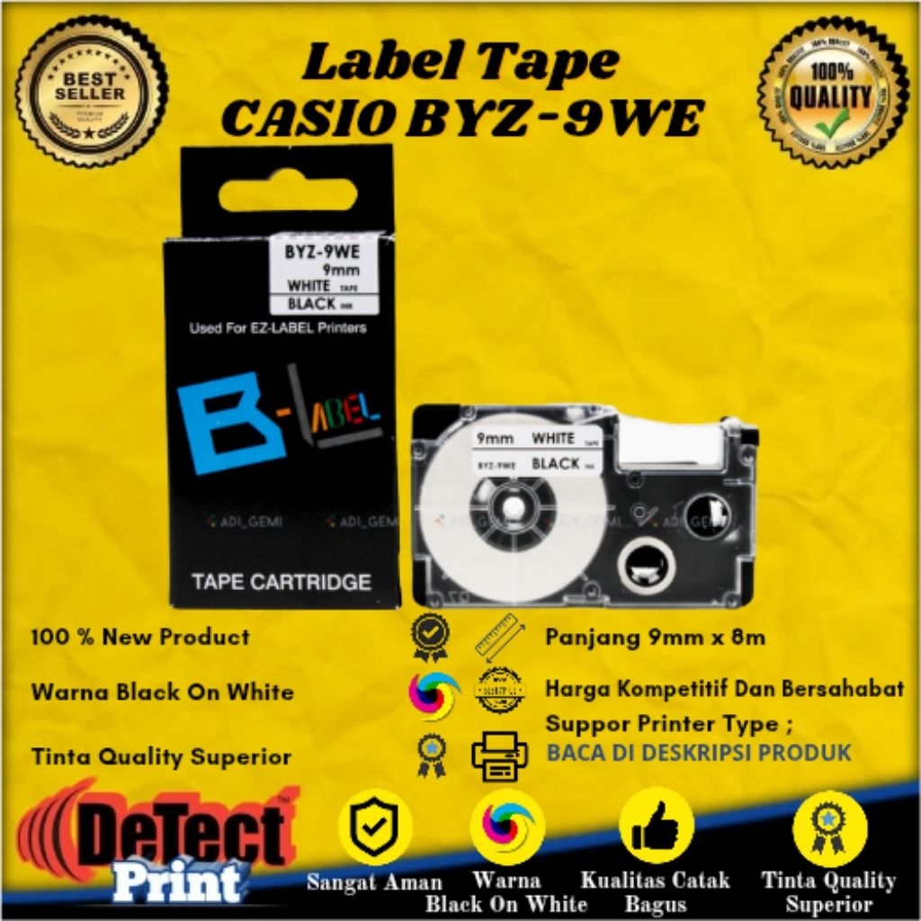 

Label Tape Casio BYZ Black On White 9mm x 8m Compatible Label Tape BYZ 9WE
